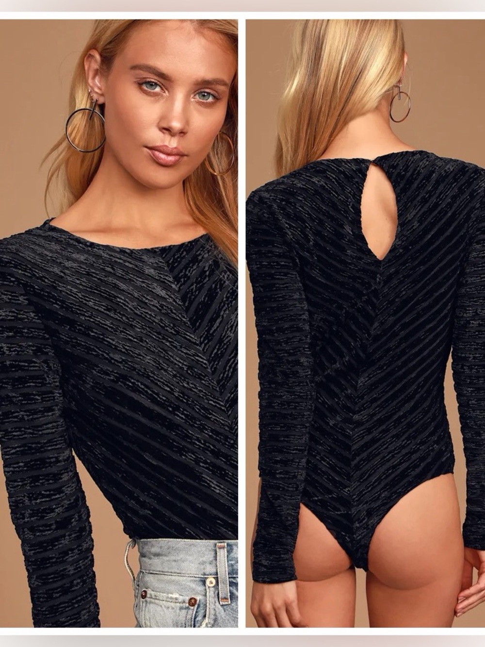 NWT Lulu's Save the Date Black Velvet Textured Long Sleeve Bodysuit Sz M